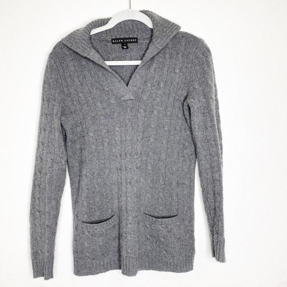 ralph lauren black label 100% cashmere v neck collar elbow patch sweater small - Picture 2 of 10